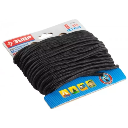 Шнур ЗУБР полиамидный, плетеный, повышенной нагрузки, с сердечником, черный, d 6, 20м 50311-06-020 купить в Надыме