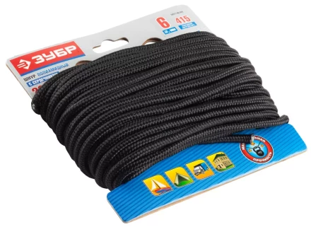 Шнур ЗУБР полиамидный, плетеный, повышенной нагрузки, с сердечником, черный, d 6, 20м 50311-06-020 купить в Надыме