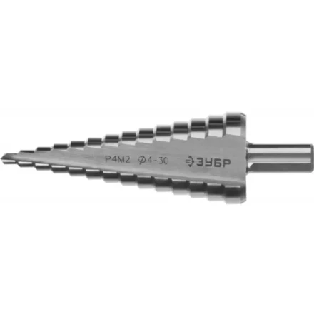 Сверло ЗУБР "МАСТЕР" ступенчатое по сталям и цвет.мет., быстрорежущая сталь, d=4-30мм, 14ступ.d=4-30, L-100мм, трехгран. хв.10мм 29665-4-30-14 купить в Надыме