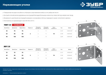 ЗУБР УНКУ-2.0, 65 x 90 x 90 x 2 мм, усиленный нержавеющий крепежный уголок, Профессионал (310516-65) купить в Надыме