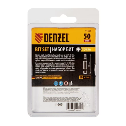 Бита TX 6х50, сталь S2, шестигранный профиль, 10 шт. Е 6,3 Denzel 11665 купить в Надыме