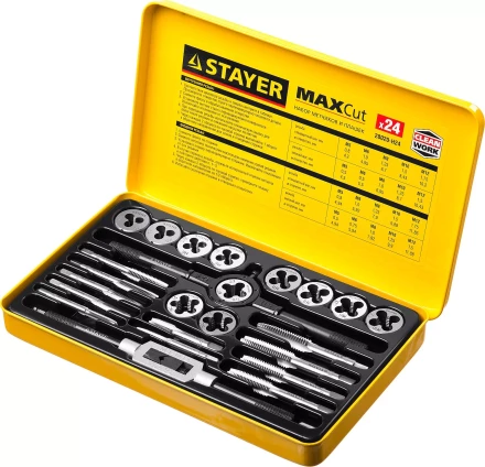 Набор метчиков и плашек STAYER "MASTER", метчикодержатель 1шт, плашкодержатель 1шт, метчики 11шт, плашки 11шт, 24 предмета 28020-H24 купить в Надыме