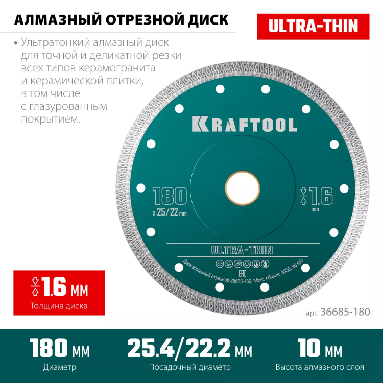 Диск алмазный для УШМ и плиткорезов супертонкие  ULTRA-THIN 36685-180 купить в Надыме