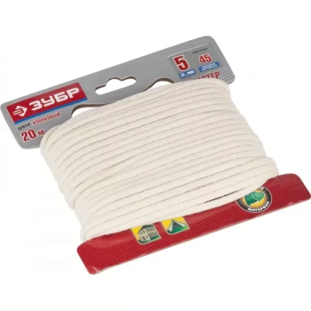 Шнур ЗУБР хлопковый плетеный, натуральный, без сердечника, d=5, 20 м, 45 кгс, 9,5 ктекс 50350-05-020 купить в Надыме