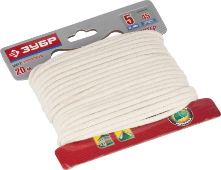 Шнур ЗУБР хлопковый плетеный, натуральный, без сердечника, d=5, 20 м, 45 кгс, 9,5 ктекс 50350-05-020 купить в Надыме