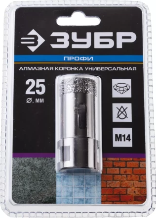 Алмазная коронка ЗУБР "ПРОФЕССИОНАЛ" универсальная для УШМ, сухое сверление, алмазы на вакуумной пайке,  посадка М14, d=25мм 29865-25 купить в Надыме