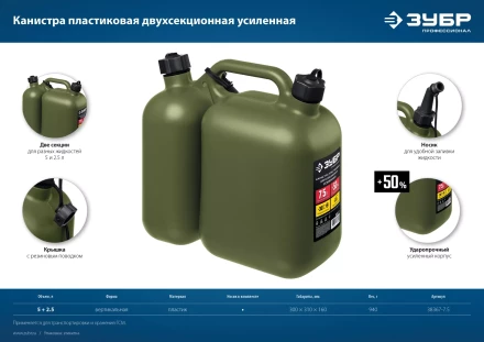 ЗУБР 5 + 2.5 л, пластиковая усиленная двухсекционная канистра, Профессионал (38367-7.5) купить в Надыме