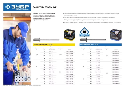 Заклепки ЗУБР стальные, 4,8x8мм, 500шт 31313-48-08 купить в Надыме