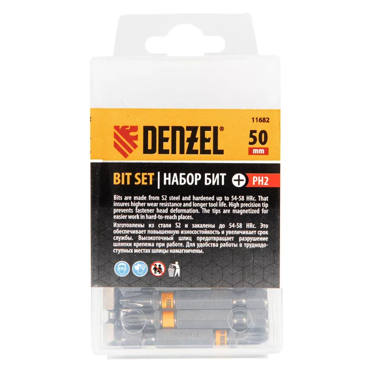 Бита PH2х50, сталь легированная S2, 30 шт., шестигранный профиль, пластиковая коробка, Е 6,3 Denzel 11682 купить в Надыме
