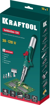 SolderGas 120K набор 10-в-1, газовый паяльник, горелка, фен, 30-120 Вт, пьезоподжиг, 1300°С 55503-H10 купить в Надыме