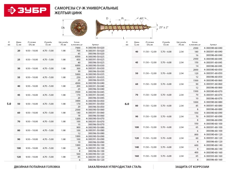 Шурупы ЗУБР "МАСТЕР" по дереву желтопассивированные, 5.0x90мм, 1000шт 4-300390-50-090 купить в Надыме
