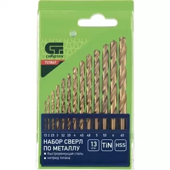 Набор нитридтитан. сверл по металлу 1,5-6,5мм через 0,5мм+3,2мм 4,8мм НSS,13 штук СИБРТЕХ 723867 купить в Надыме