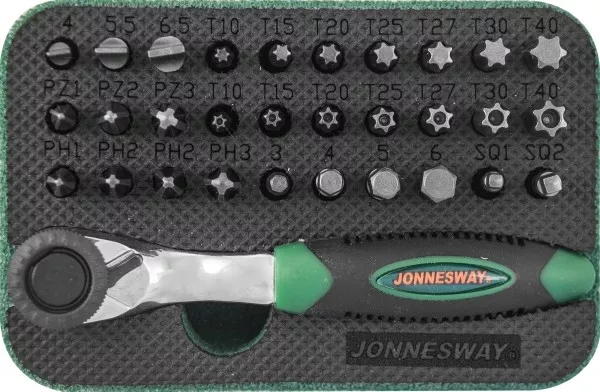 Набор вставок-бит трещеточная  рукоятка мини 1/4DR 32предмета Jonnesway RD01032S 49303 купить в Надыме