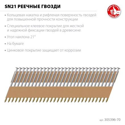 ЗУБР SN21 70 х 3.1 мм, реечные гвозди рифленые оцинкованные, 2400 шт (305396-70) купить в Надыме