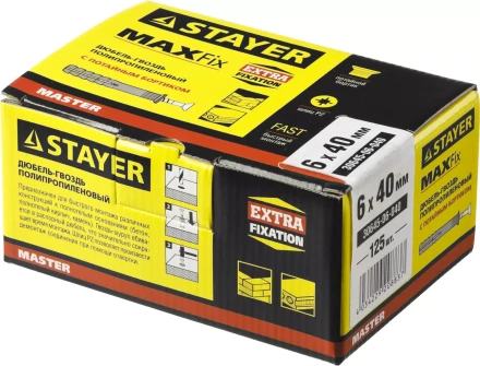 Дюбель-гвоздь полипропиленовый, потайный бортик, 6 x 40 мм, 125 шт, STAYER Master 30645-06-040 30645-06-040 купить в Надыме