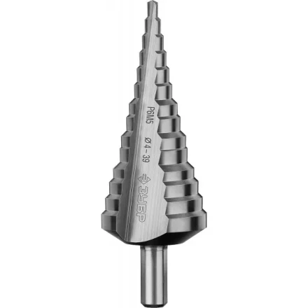 Сверло ЗУБР ступенчатое по сталям и цвет.мет.ст.Р6М5,d4- 39мм,14ступ.d4-39,L -113 мм, трехгран.хв. 10мм 29670-4-39-14 купить в Надыме