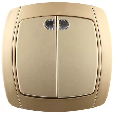 Выключатель СВЕТОЗАР "АКЦЕНТ" двухклавишный в сборе, с подсветкой, цвет золотой металлик, 10А/~250В SV-54235-GM купить в Надыме