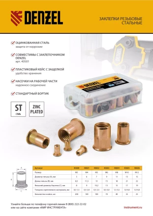 Заклепки резьбовые Denzel, стальные, оцинкованные, М12, пластиковый кейс, 25 шт., 40606 купить в Надыме
