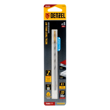 Сверло спиральное по металлу Denzel 5 х 132 мм, Р6М5, Golden Tip, удлиненное, 718254 купить в Надыме