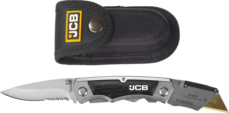 Нож JCB складной многофункц, трапец лезвие, тип "А24", перочин лезвие с серрейтор заточкой, мет корпус, чехол, 5 лезвий JLC003 купить в Надыме