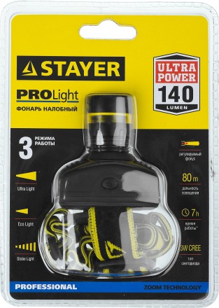 Фонарь STAYER &quot;PROFESSIONAL&quot; налобный светодиодный, 3Вт(140Лм), регулируемый фокус, 3 режима, 3ААА 56566 купить в Надыме