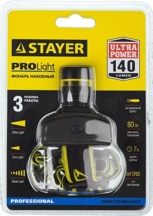 Фонарь STAYER "PROFESSIONAL" налобный светодиодный, 3Вт(140Лм), регулируемый фокус, 3 режима, 3ААА 56566 купить в Надыме