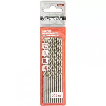 Сверло по металлу 3,0 х 100 мм полированное удлиненное HSS 10 штук цилиндрический хвостовик MATRIX 715030 купить в Надыме