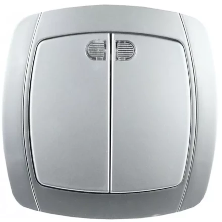 Выключатель СВЕТОЗАР "АКЦЕНТ" двухклавишный в сборе, с подсветкой, цвет серебристый металлик, 10А/~250В SV-54235-SM купить в Надыме