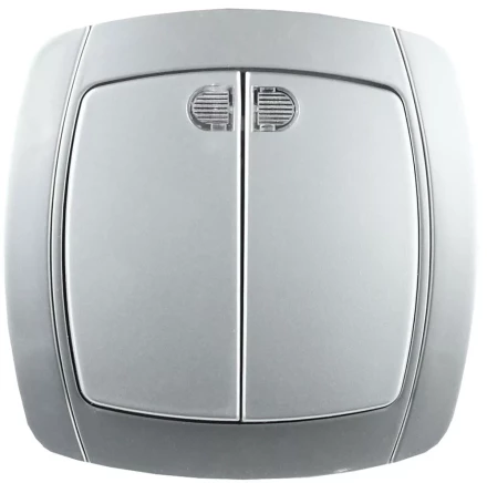 Выключатель СВЕТОЗАР "АКЦЕНТ" двухклавишный в сборе, с подсветкой, цвет серебристый металлик, 10А/~250В SV-54235-SM купить в Надыме