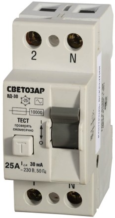 Выключатель дифференциальный &quot;УЗО&quot; СВЕТОЗАР, 2-полюсный, 25 A, &quot;AC&quot;, откл. диф.ток. 30 мА, 230 В SV-49152-30-25 купить в Надыме