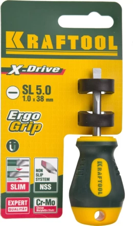 Отвертка KRAFTOOL, Cr-Mo-V сталь, двухкомпонентная противоскользящая рукоятка, SL, 5,5x38мм 250071-5.5-038 купить в Надыме