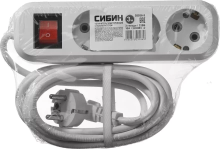 Удлинитель СИБИН электрический, ПВС сечение 0,75кв мм, 3 гнезда, макс мощн 2200Вт, 3м, заземление, выключатель 55036-3 купить в Надыме