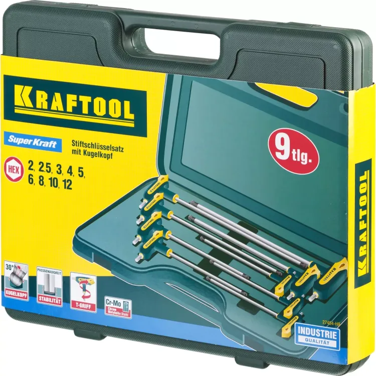 Набор KRAFTOOL Ключи "INDUSTRIE" имбусовые,Cr-Mo(S2),Т-образные, эргоном двухкомп рукоятка,HEX,с шариком,9 шт,в боксе 27454-H9 купить в Надыме