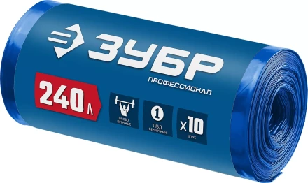 ЗУБР 240 л, 10 шт, синие, из первичного материала, особопрочные, строительные мусорные мешки, Профессионал (39159-240) купить в Надыме