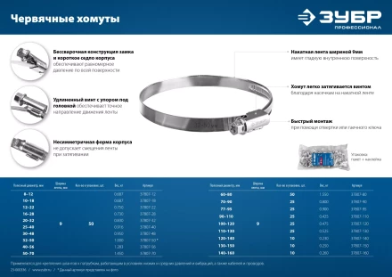 ЗУБР Х-9Н, 77 - 95 мм, накатная лента 9 мм, цинк, 25 шт, червячный хомут (37807-95) купить в Надыме