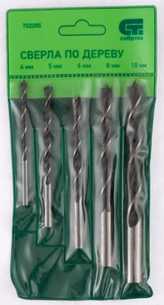 Набор сверл по дереву 4-5-6-8-10 мм 5 штук цилиндрический хвостовик СИБРТЕХ 702205 купить в Надыме