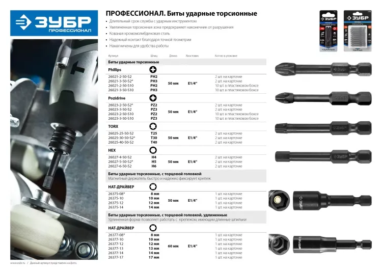 ЗУБР PH3, 2 шт, 50 мм, ударные биты, Профессионал (26021-3-50-S2) купить в Надыме