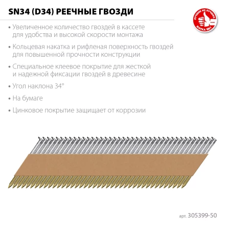 ЗУБР SN34 (D34) 50 х 2.8 мм, реечные гвозди рифленые оцинкованные, 5000 шт (305399-50) купить в Надыме