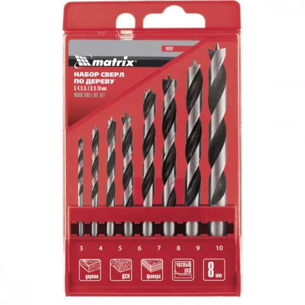 Набор сверл по дереву   3-4-5-6-7-8-9-10мм цилиндрический  хвостовик  пластиковый кейс MATRIX 70282 купить в Надыме