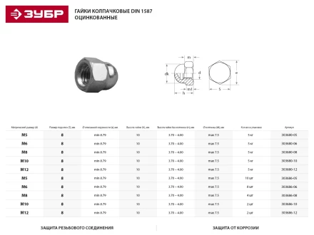 Гайка ЗУБР "МАСТЕР" колпачковая DIN 1587, оцинкованная,  M8, 5кг 303680-08 купить в Надыме