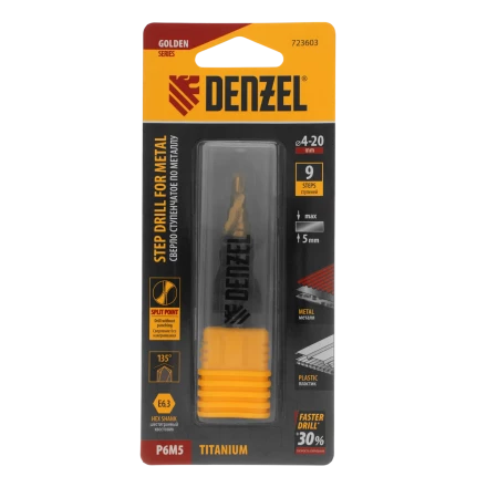 Сверло ступенчатое Denzel 723604, 6-8-10-12-14-16-18-20-22-24-26-28-30мм, Р6М5, 6-гр. хвостовик купить в Надыме