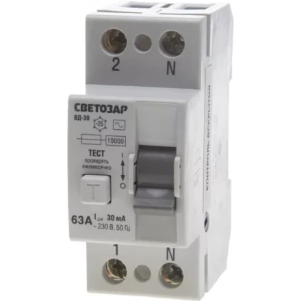 Выключатель дифференциальный "УЗО" СВЕТОЗАР, 2-полюсный, 63 A, "AC", откл.диф.ток. 30 мА, 230 В SV-49152-30-63 купить в Надыме