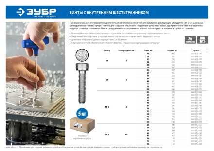 ЗУБР DIN 912, кл. пр. 8.8, М10 х 55 мм, цинк, 5 кг, винт с внутренним шестигранником, Профессионал (30318-10-055) купить в Надыме