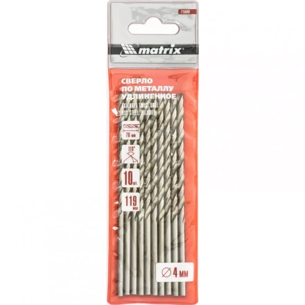 Сверло по металлу 4,0 х 119 мм полированное удлиненное HSS 10 штук цилиндрический хвостовик MATRIX 715040 купить в Надыме