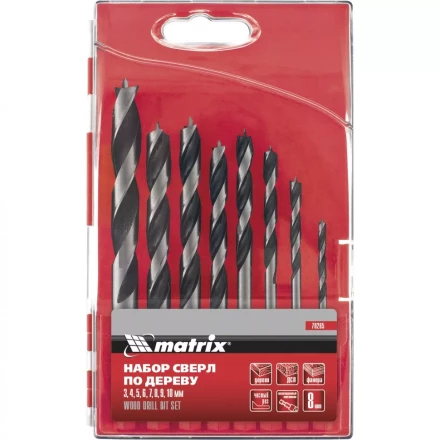 Набор сверл по дереву  3-4-5-6-7-8-9-10мм 6-гранный хвостовик  пластиковый кейс MATRIX 70285 купить в Надыме