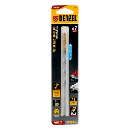 Сверло спиральное по металлу Denzel, 7,0 х 156 мм, Р6М5, Golden Tip, удлиненное, 718258 купить в Надыме