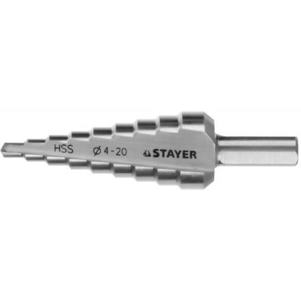 Сверло STAYER &quot;MASTER&quot; ступенчатое по сталям и цвет.мет., сталь HSS, d=4-20мм, 9ступ.d 4-20, L-75 мм,трехгран. хвост. 8мм 29660-4-20-9 купить в Надыме