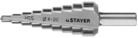 Сверло STAYER &quot;MASTER&quot; ступенчатое по сталям и цвет.мет., сталь HSS, d=4-20мм, 9ступ.d 4-20, L-75 мм,трехгран. хвост. 8мм 29660-4-20-9 купить в Надыме