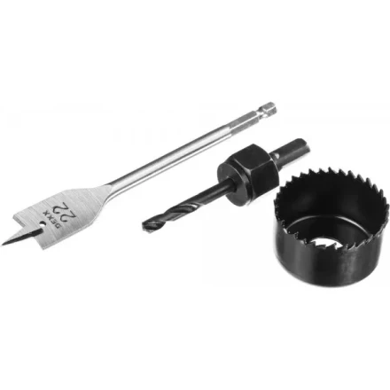 Набор для врезки замков DEXX: Коронка-чашка d=48мм, сверло перовое d=22мм, центрирующее сверло d=6мм 2949-48-H3 купить в Надыме