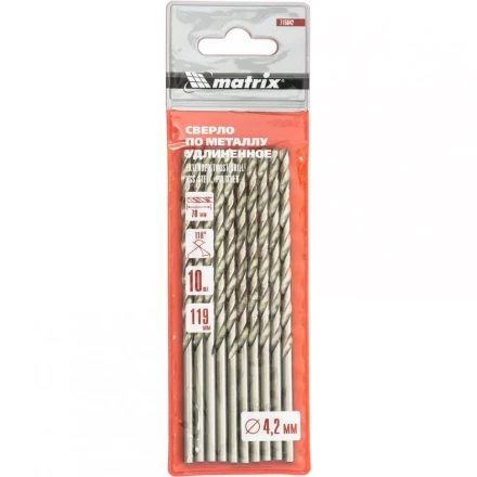 Сверло по металлу 4,2 х 119 мм полированное удлиненное HSS 10 штук цилиндрический хвостовик MATRIX 715042 купить в Надыме